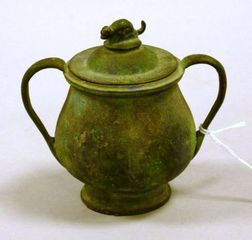Small Patinated Bronze and Metal Two-Handled Covered Jar